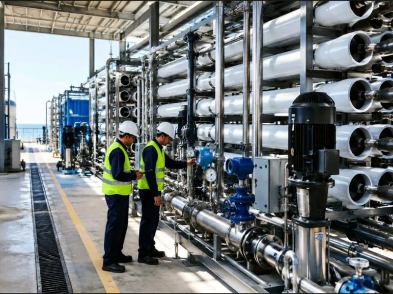 Engineers inspecting reverse osmosis membrane vessels and pumps at a treatment plant