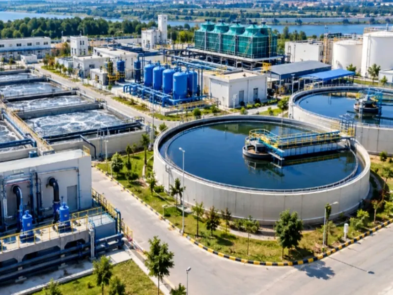 Aerial view of a complete water treatment plant with basins, clarifiers and process tanks